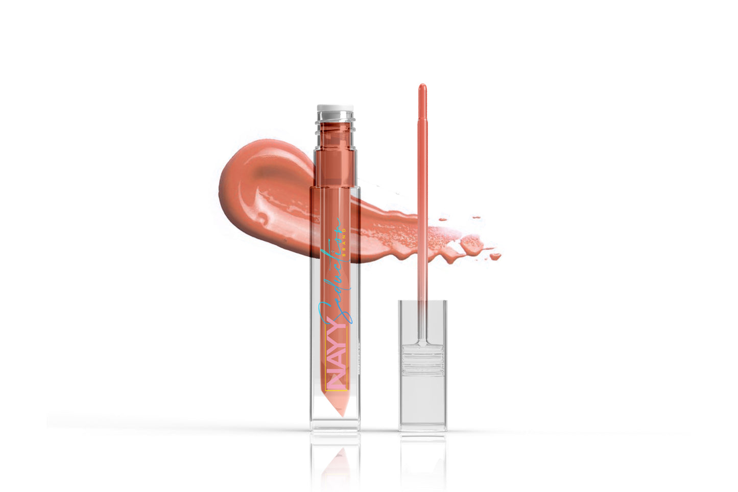 A sleek, transparent tube of Lip Glaze stands upright with the cap removed beside it. The wand applicator rests against the tube, and a smear of the high-shine formula is artistically displayed behind it. The product reads "Nayy Seduction Brand" on the tube and boasts a vegan-friendly composition.