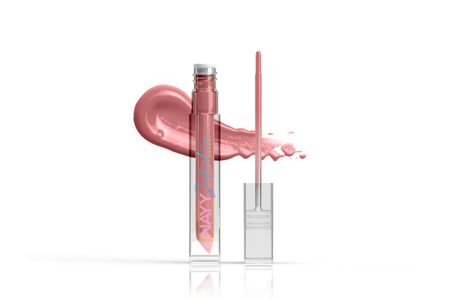 A tube of Nayy Seduction Brand Lip Glaze is shown with its cap off and the applicator wand resting beside it. The lip glaze has a high-shine formula, and a smudge of the same pink color is artfully smeared in the background. The packaging is transparent with a silver cap.